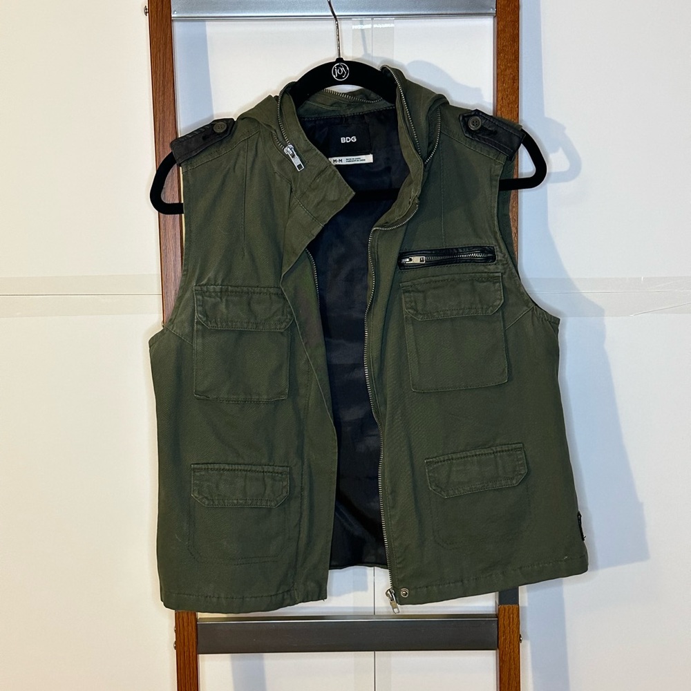 Army Green Vest with Leather Details